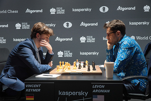 Daniil Dubov and Levon Aronian after Round 2 of the FIDE Grand